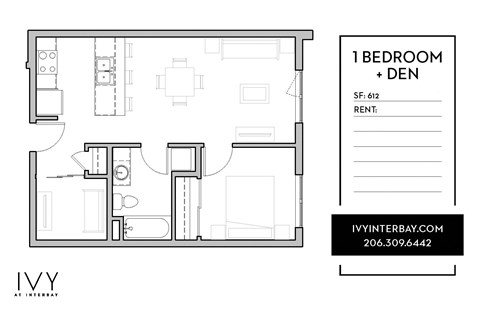 Floor plan for 1 bed, 1 bath, 611 sqft